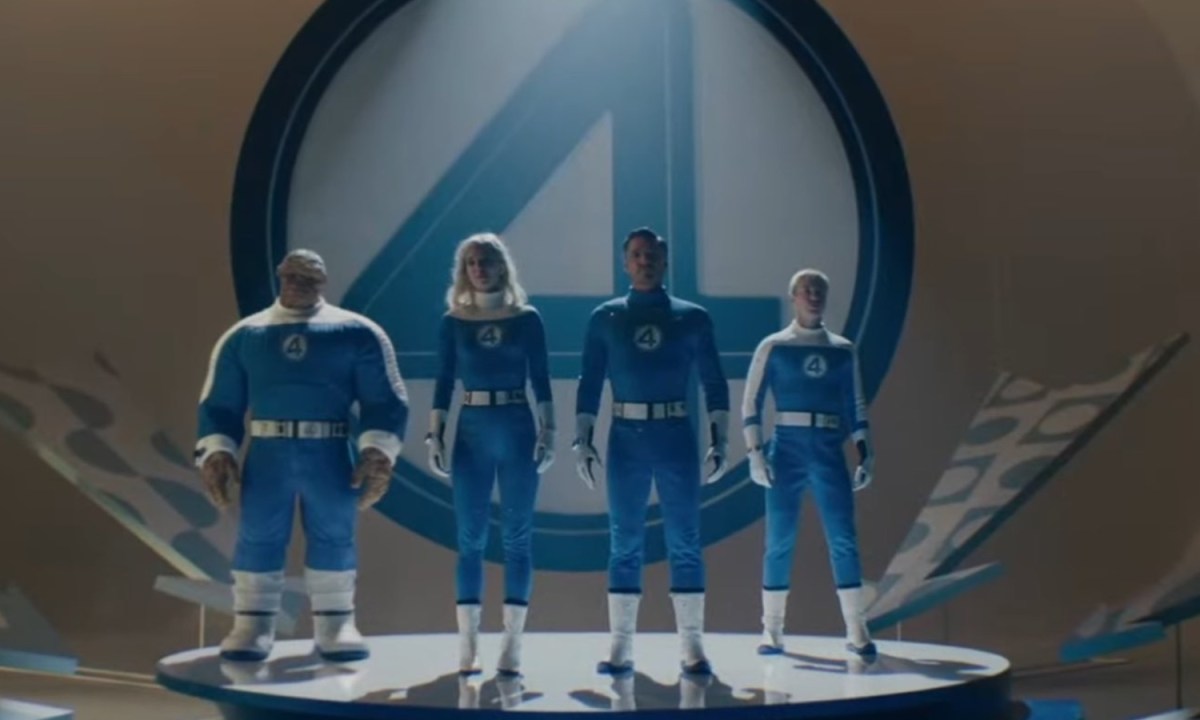 The Fantastic 4 stand on a platform in "The Fantastic Four: First Steps"