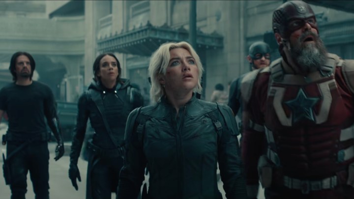 A group of male and female superheros look up and stare in "Thunderbolts*"