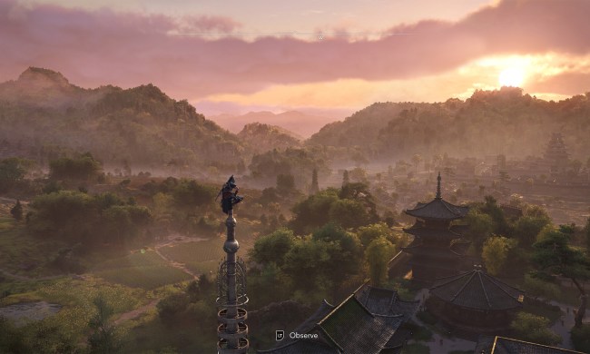 Naoe perched on a spire in Assassin's Creed Shadows.