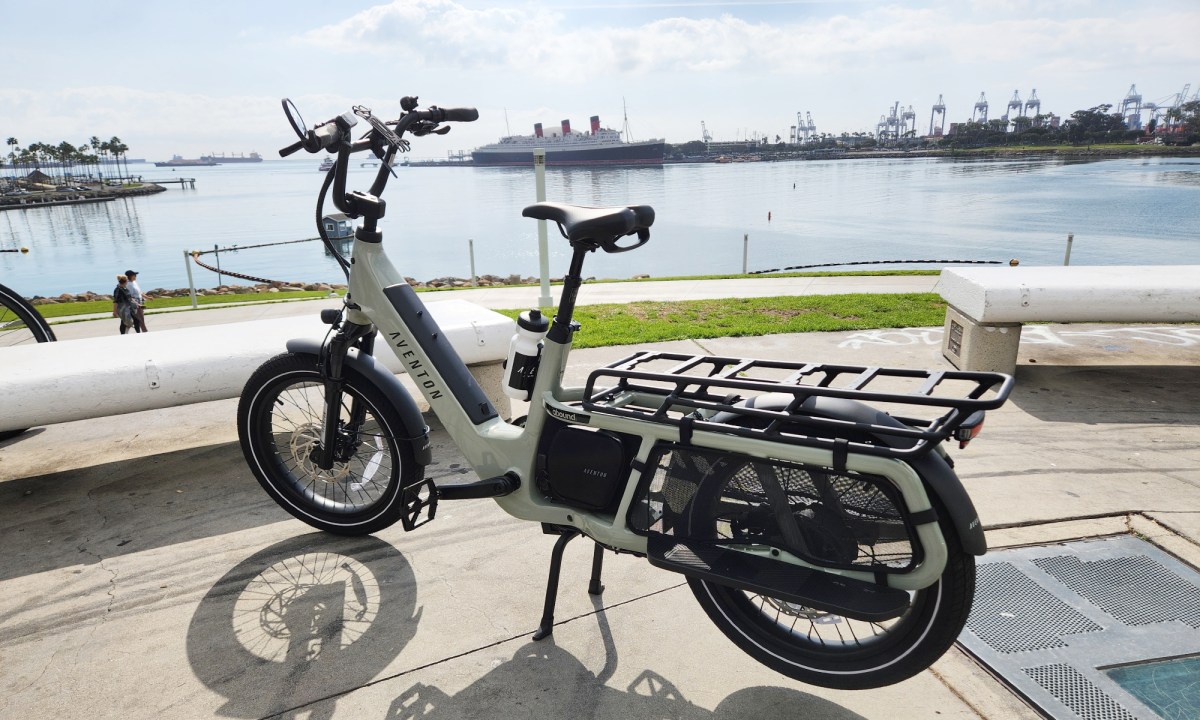 Aventon Abound LR left rear three-quarter view facing Long Beach harbor.