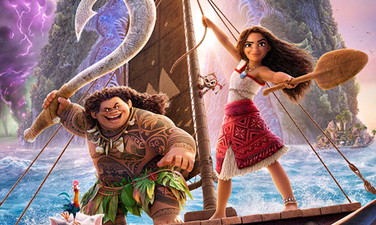 Maui and Moana sailing together on the sea in Moana 2 key art.