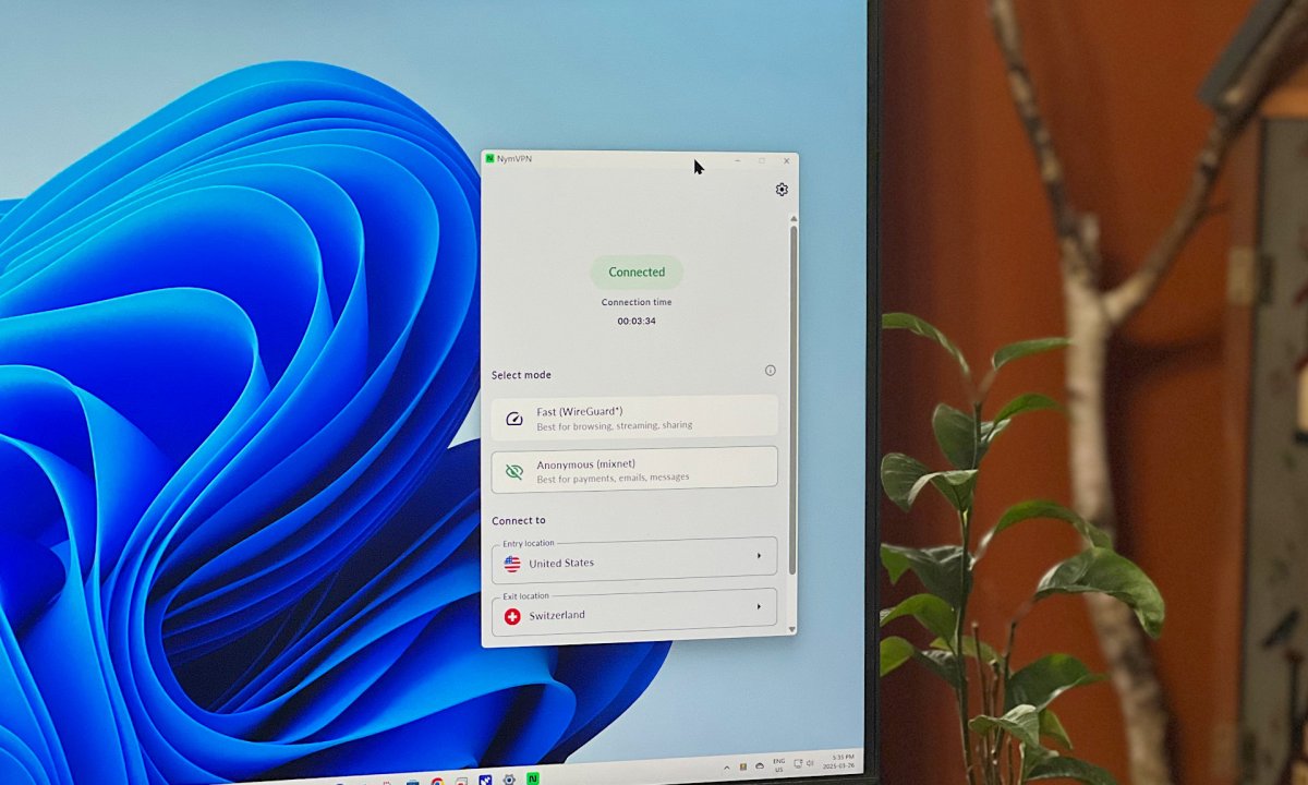 NymVPN is open and connected in Anonymous mode on a Windows PC.