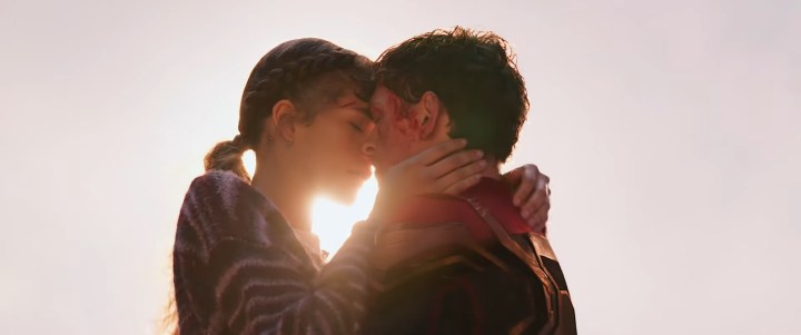 Peter and MJ holding each other in "Spider-Man: No Way Home."