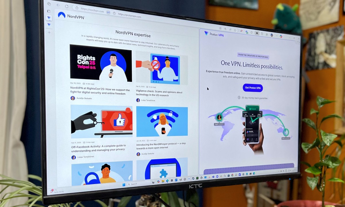 The NordVPN and Proton VPN websites are shown in a split-view on a PC monitor.