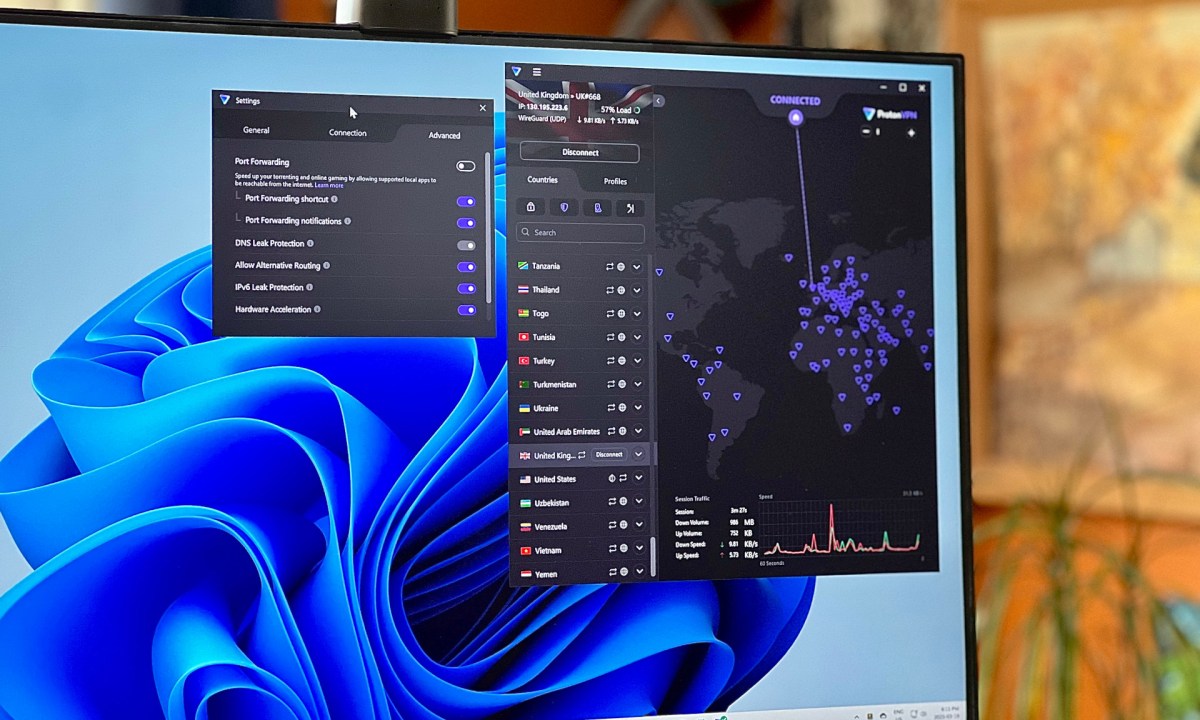 The 2025 Proton VPN app is open on a PC monitor.