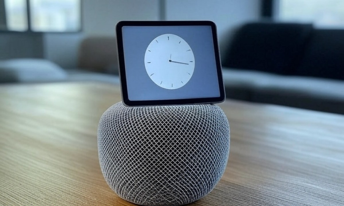 A mockup of a HomePod with an iPad attached.