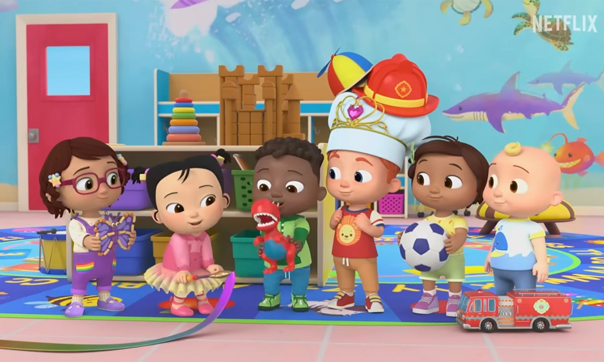 A group of kids in a kindergarten class in an animated image from Netflix Jr.'s CoComelon.