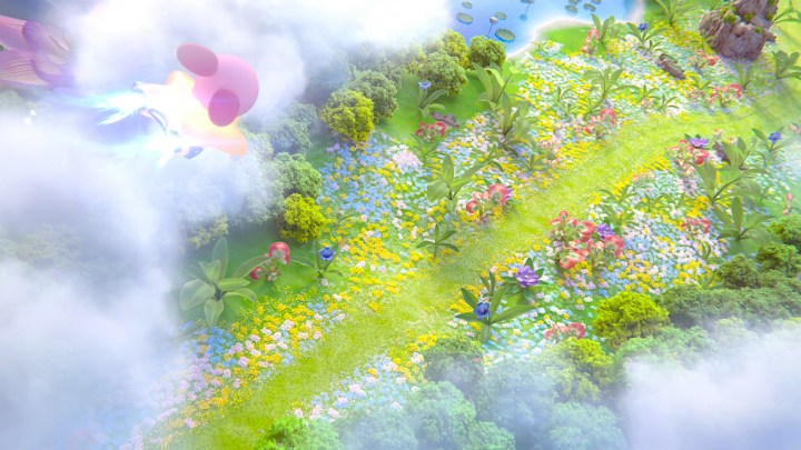 Kirby falling towards a race track in Kirby Air Riders.