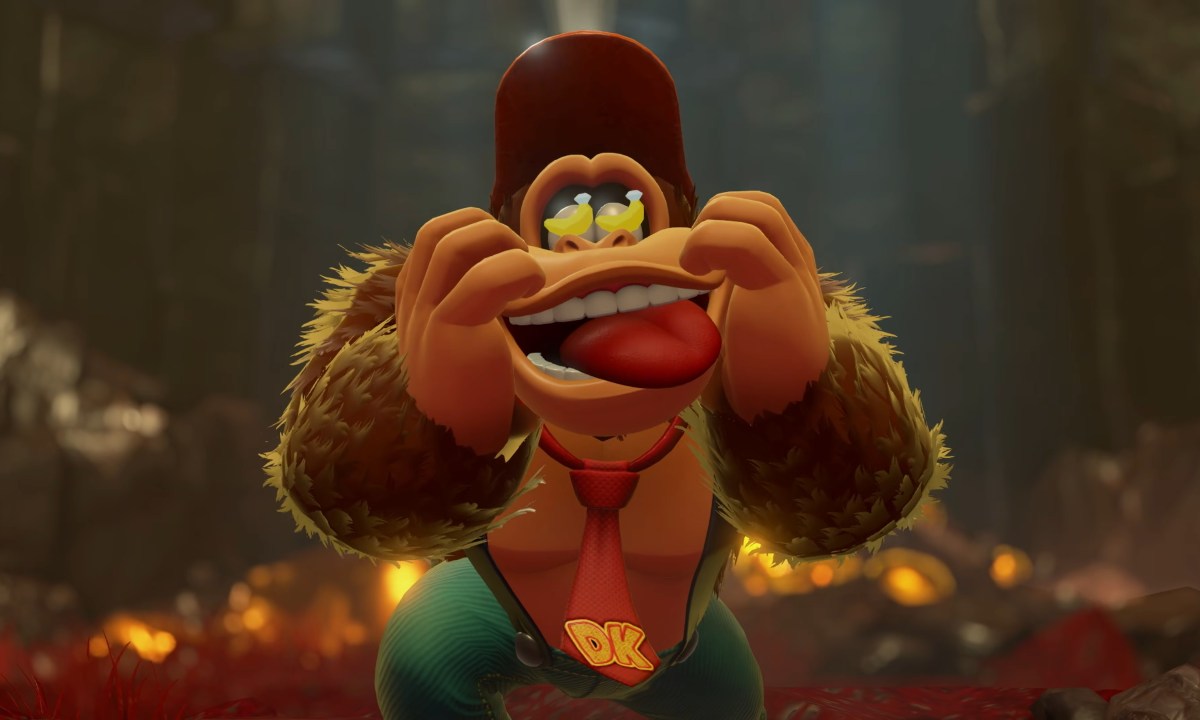 Donkey Kong salivating over bananas in Donkey Kong Bananza.