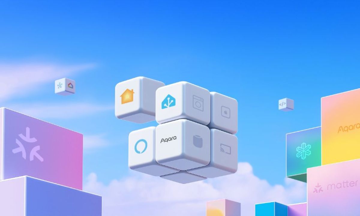 A stylized image depicting Aqara products and Matter