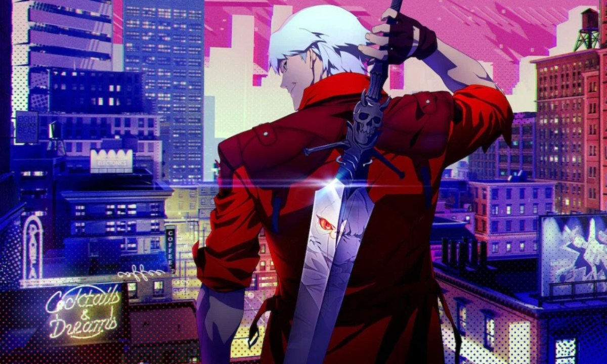Dante with his back to the camera, holding his sword, with the cityscape in front of him in Devil May Cry.