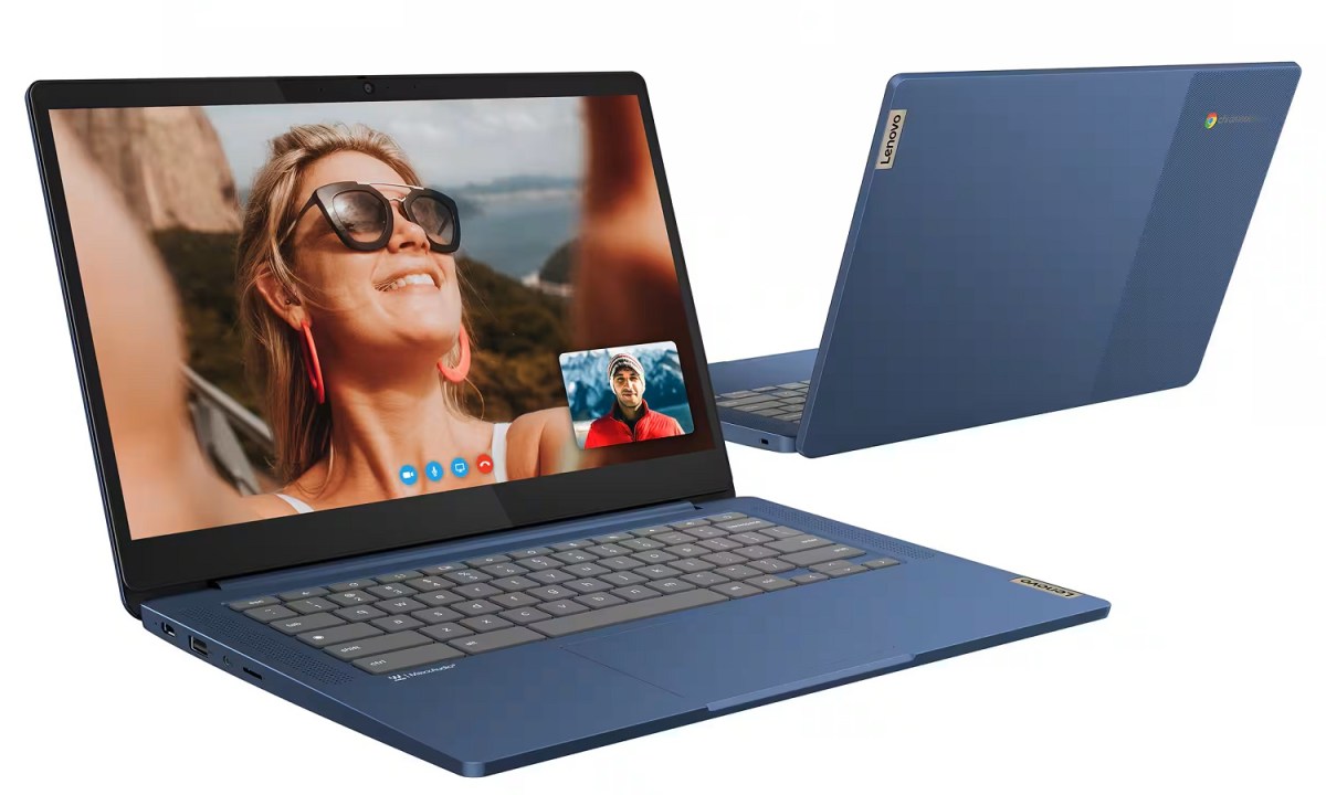The front and back view of the Lenovo IdeaPad Slim 3. Chromebook