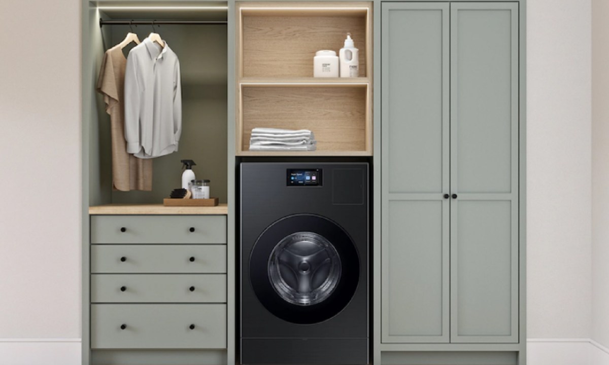 The Samsung 5.3 cu. ft. All-in-One Vented Washer Dryer Combo in the laundry room.