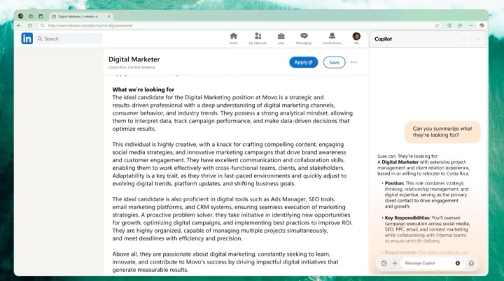 Copilot Vision helps with job search.