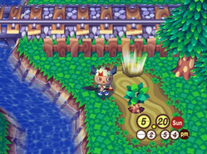 A villager digs a hole in Animal Crossing.