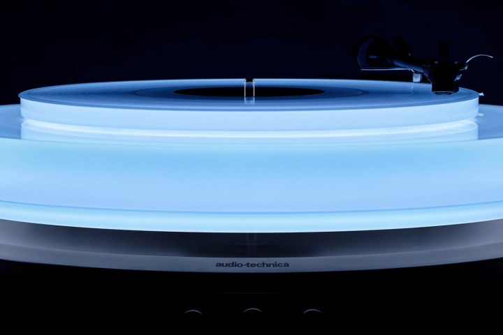 The Audio-Technica Hotaru floating, glowing turntable. 