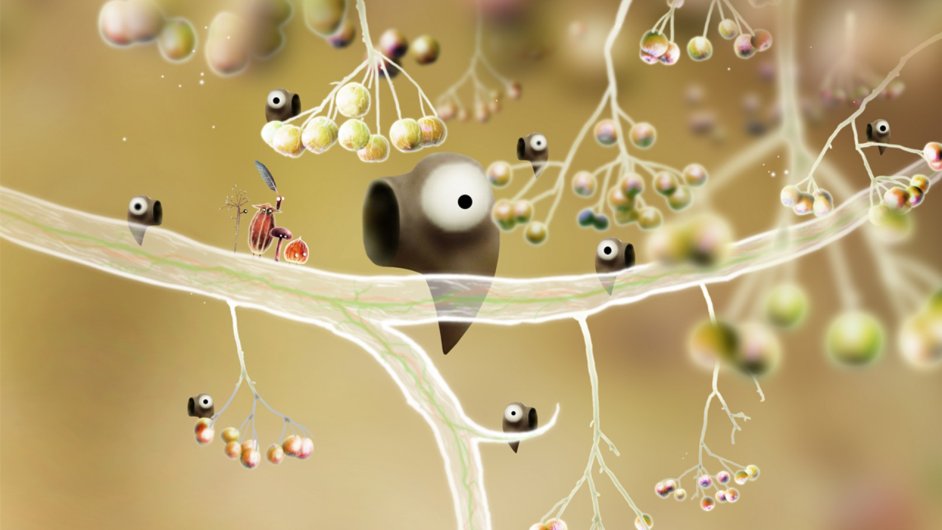 Bugs with giant eyes on branches in botanicula.