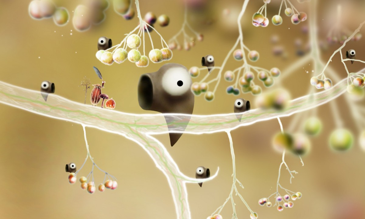 Bugs with giant eyes on branches in botanicula.