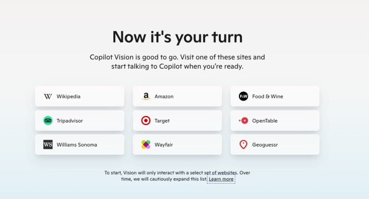 Copilot Vision compatible websites.