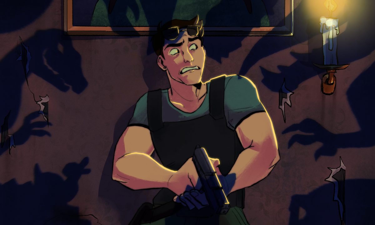 A man holds a gun in Creepy Redneck Dinosaur Mansion 3.