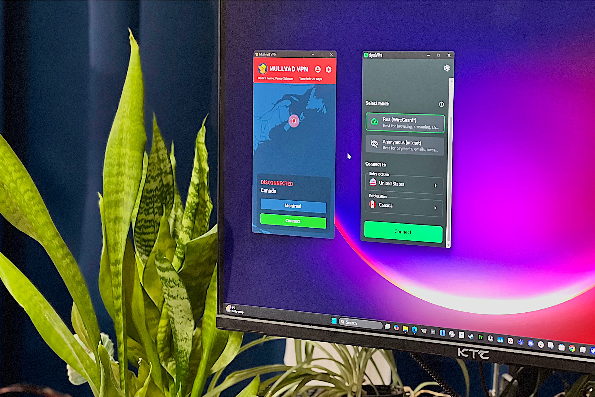 Mullvad VPN and NymVPN are open on a PC monitor.