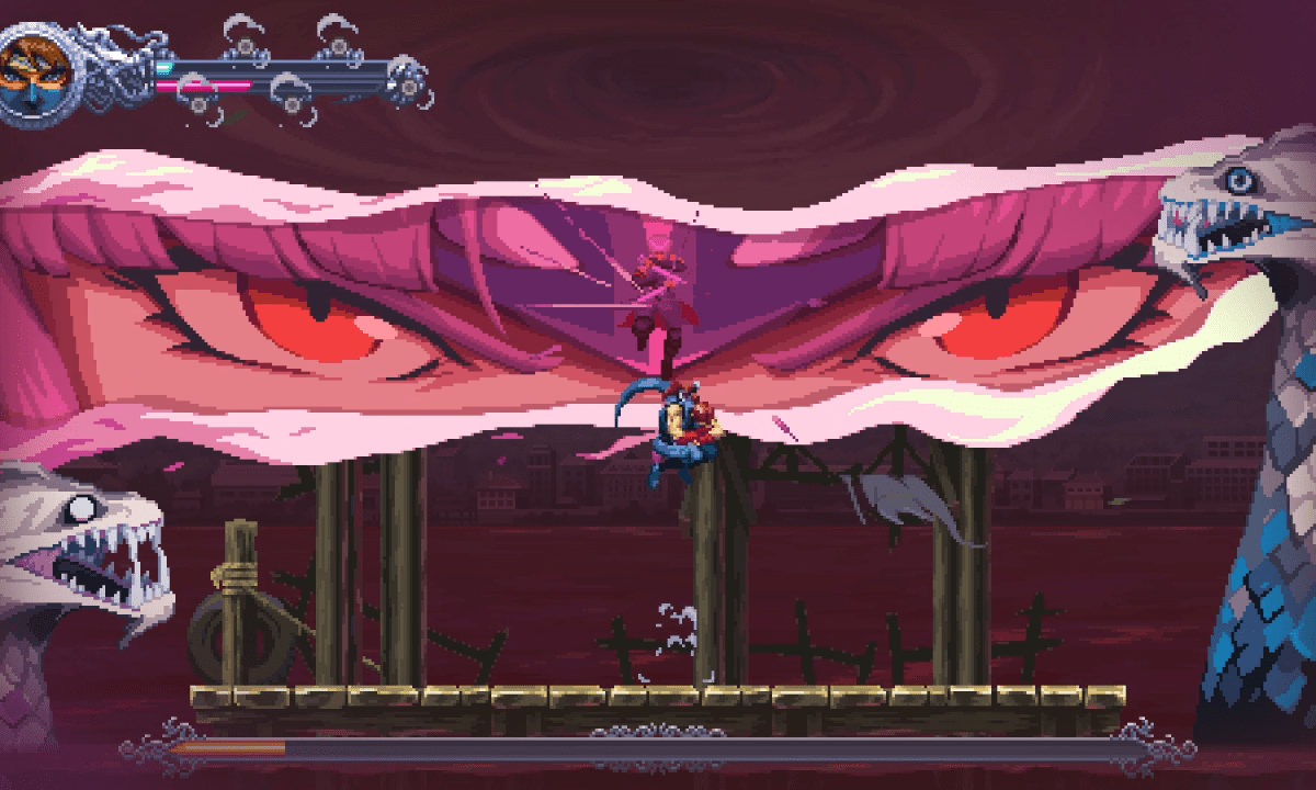 A pair of eyes appears in the sky in Ninja Gaiden Ragebound.