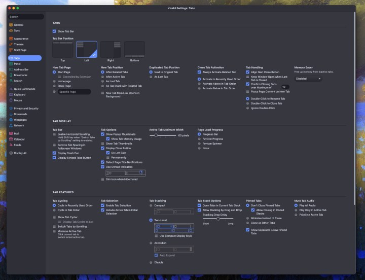 Vivaldi browser settings.