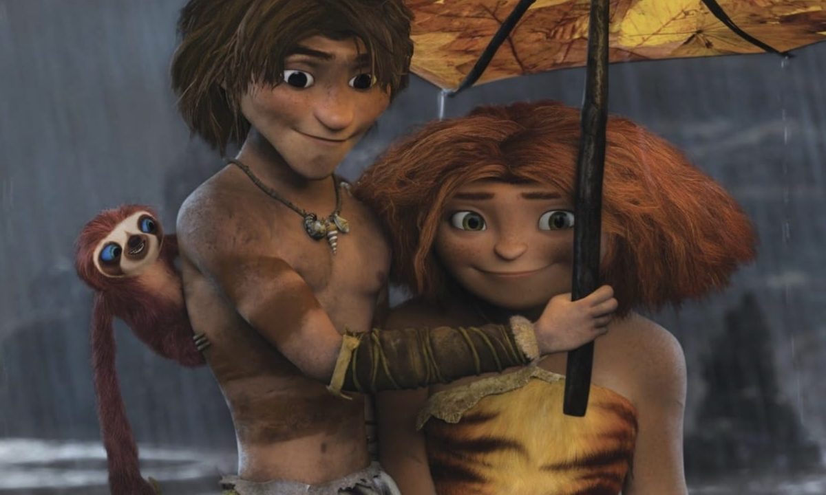 Two cavepeople share a stick.